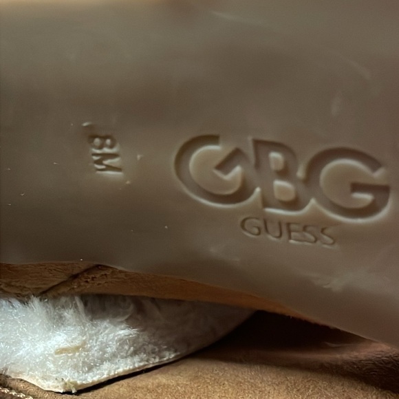 GBG Guess Tan High Heel Ankle Booties White Fur & Buckle Accent Heeled‎ Boots - Picture 7 of 9
